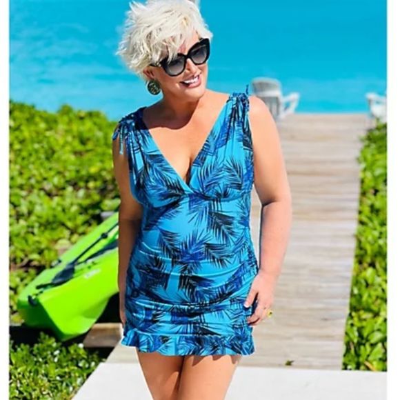 Kim Gravel Swimsuits For All Ruched Swim Dress Sz 6 Blue Tropical - Picture 1 of 4